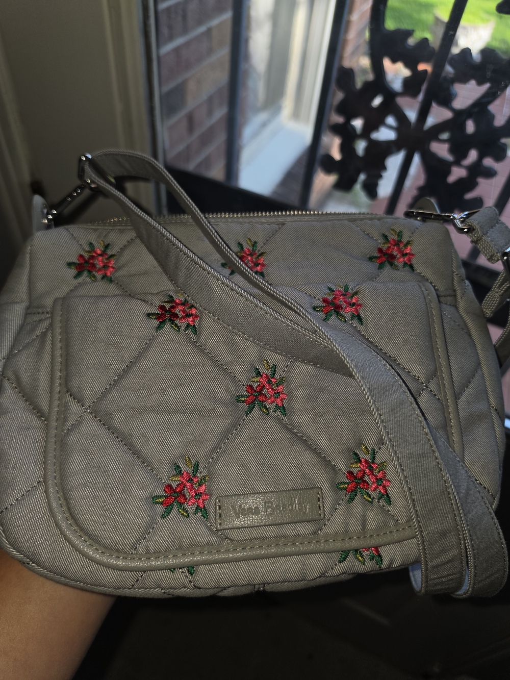 Vera Bradley Gray Quilted Crossbody with Red Floral Embroidery